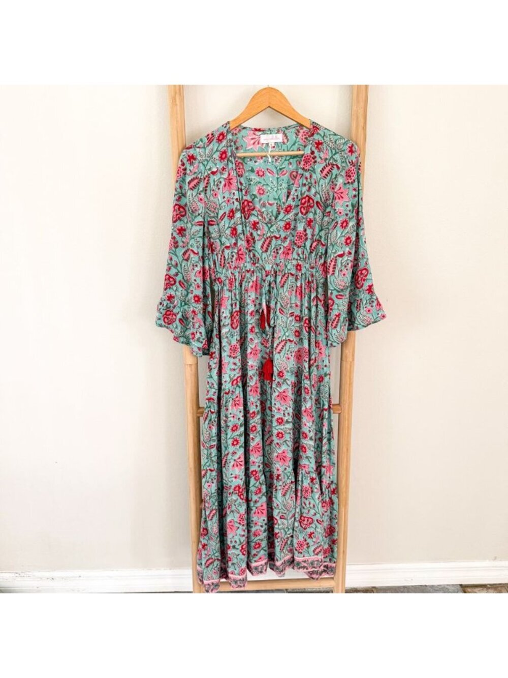 Mary Marshmallow Floral Boho Maxi Dress Mint Pink Tassel Tie Size Small